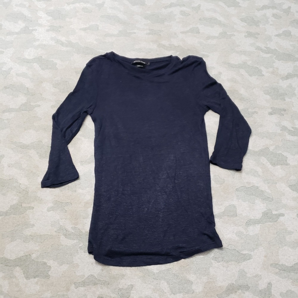 Monoprix Femme Top Womens 0 Blue 100% Linen Pullover Long Sleeve